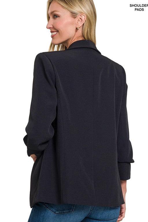 Woven 3/4 Ruched Sleeve Blazer