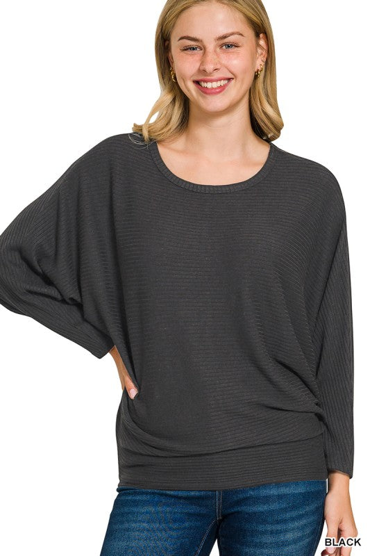 Suzanne Dolman Sleeve Ribbed Sweater - Black