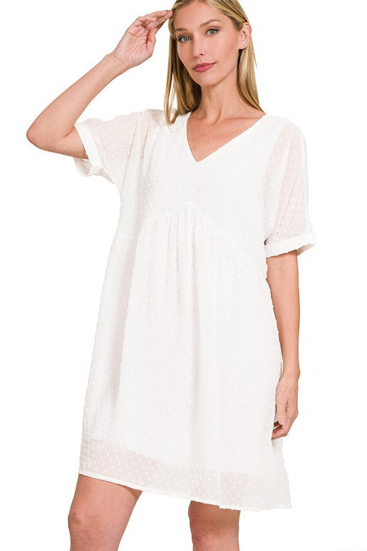 Sandy Swiss Dot Babydoll Dress - White