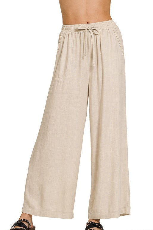 Jessie Wide Leg Linen Blend Pants - Sand Beige