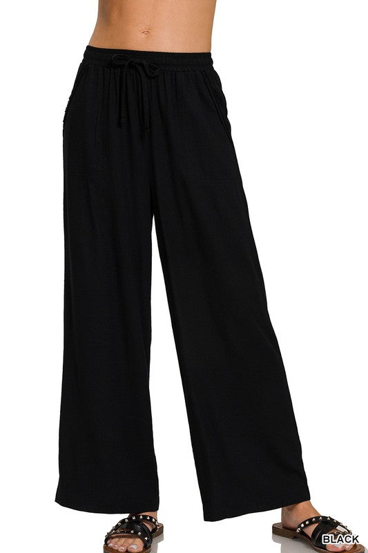 Jessie Wide Leg Linen Blend Pants - Black