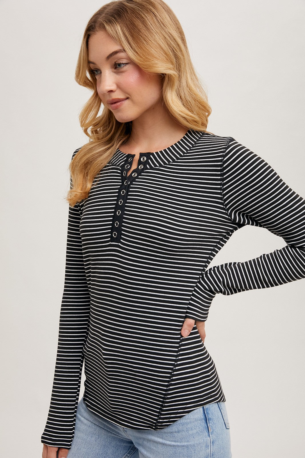 Striped Henley Snap Button Top