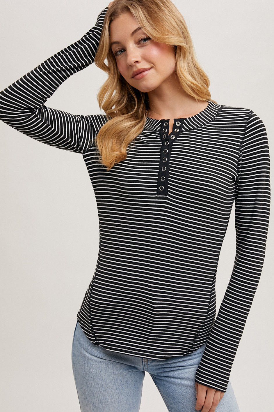 Striped Henley Snap Button Top