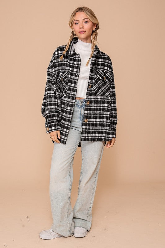 Carly Plaid Fleece Shacket - Black