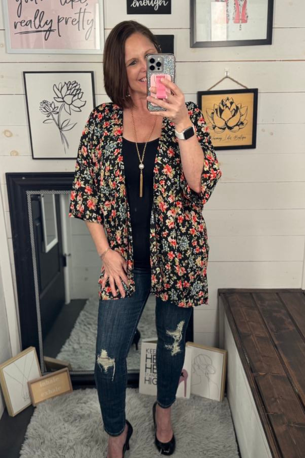 Jade Floral Kimono - Black