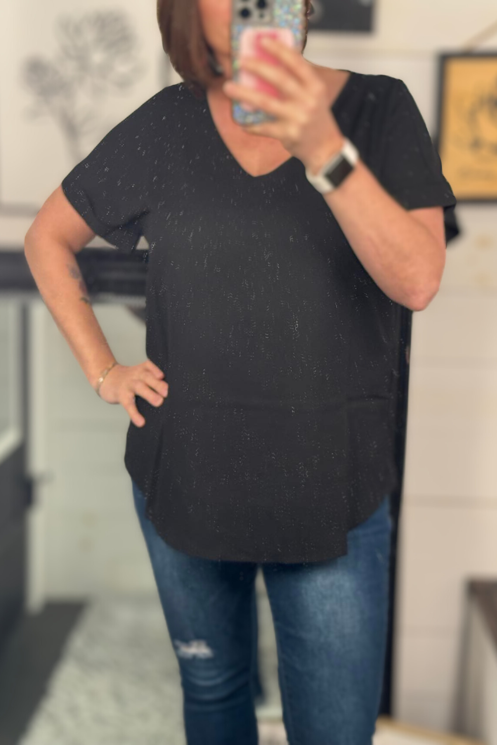 Lucy Dobby Rolled Sleeve VNeck Top - Black