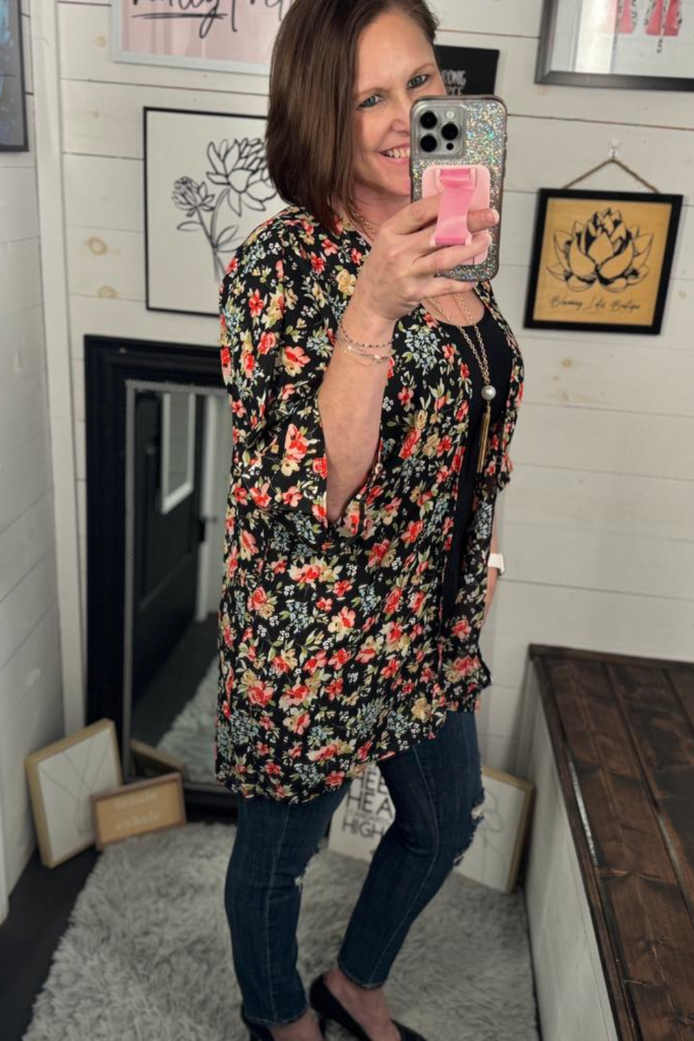 Jade Floral Kimono - Black