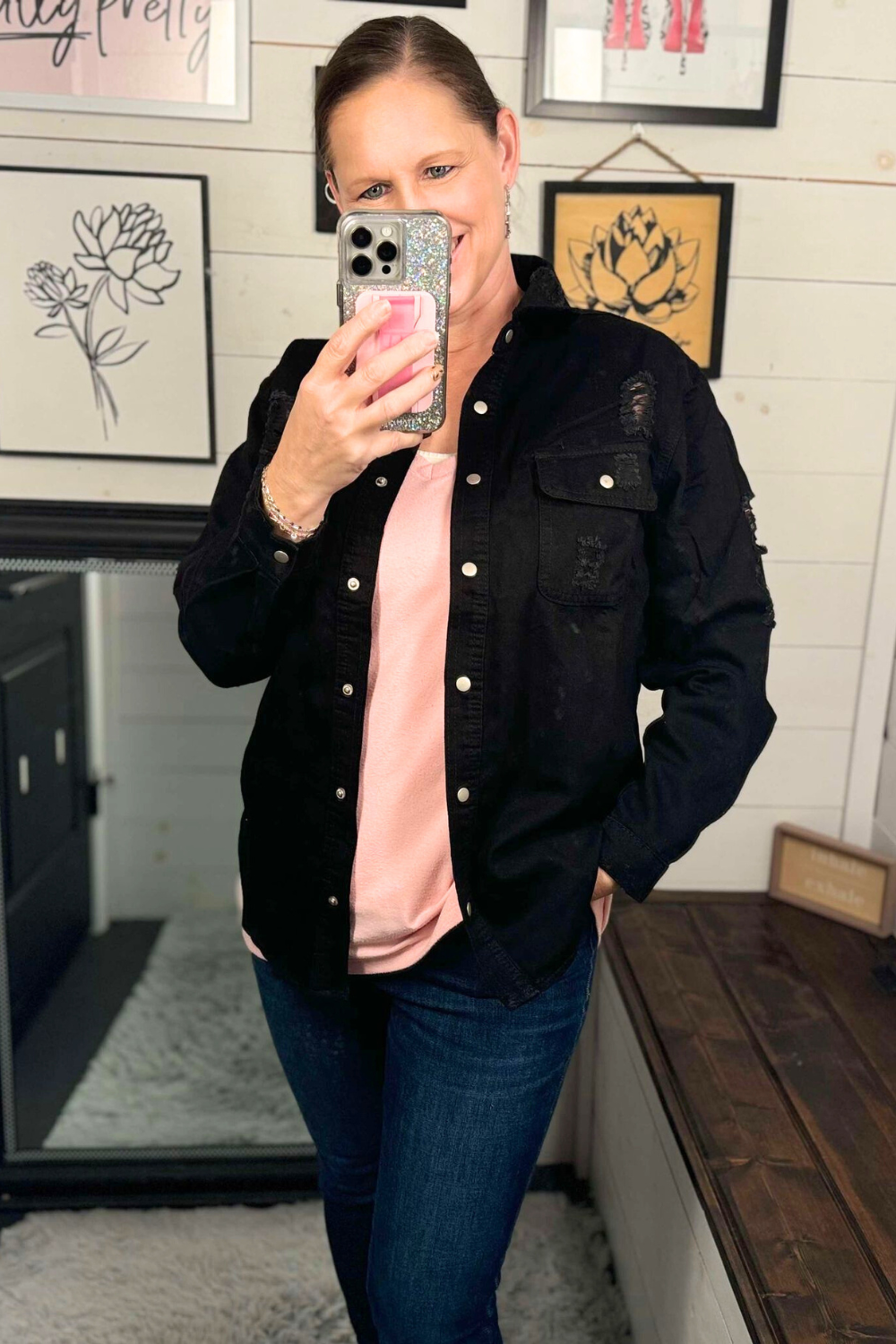 Delaney Distressed Denim Shacket - Black Denim