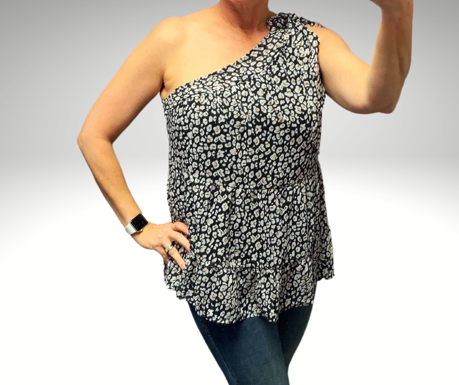 Leopard Print One Shoulder Tiered Blouse