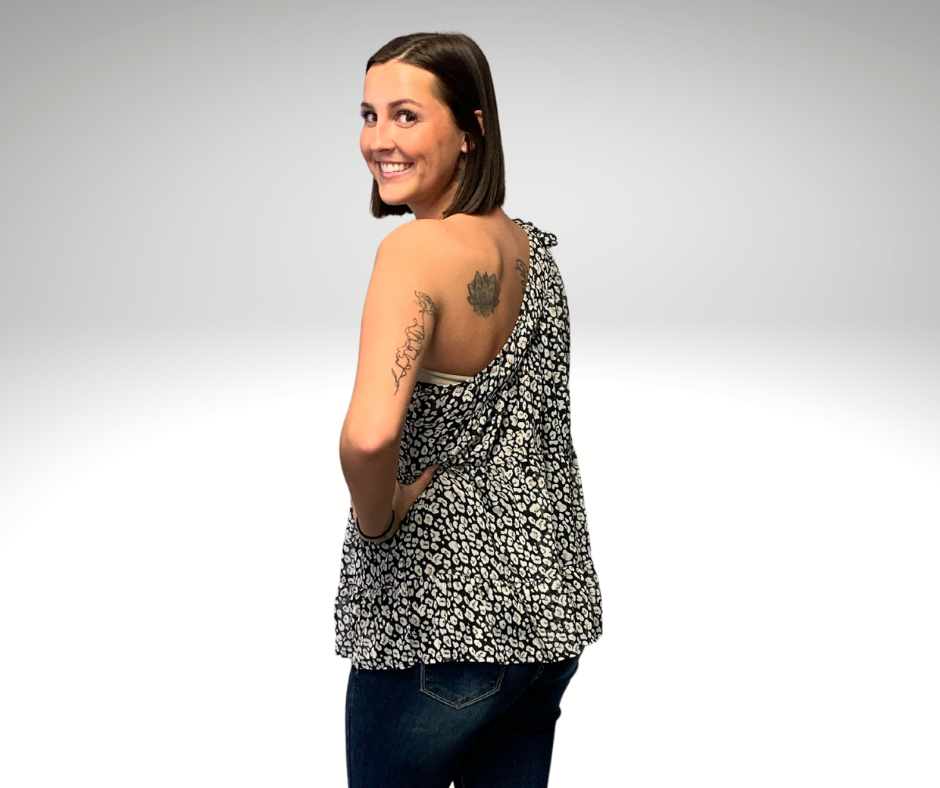 Leopard Print One Shoulder Tiered Blouse
