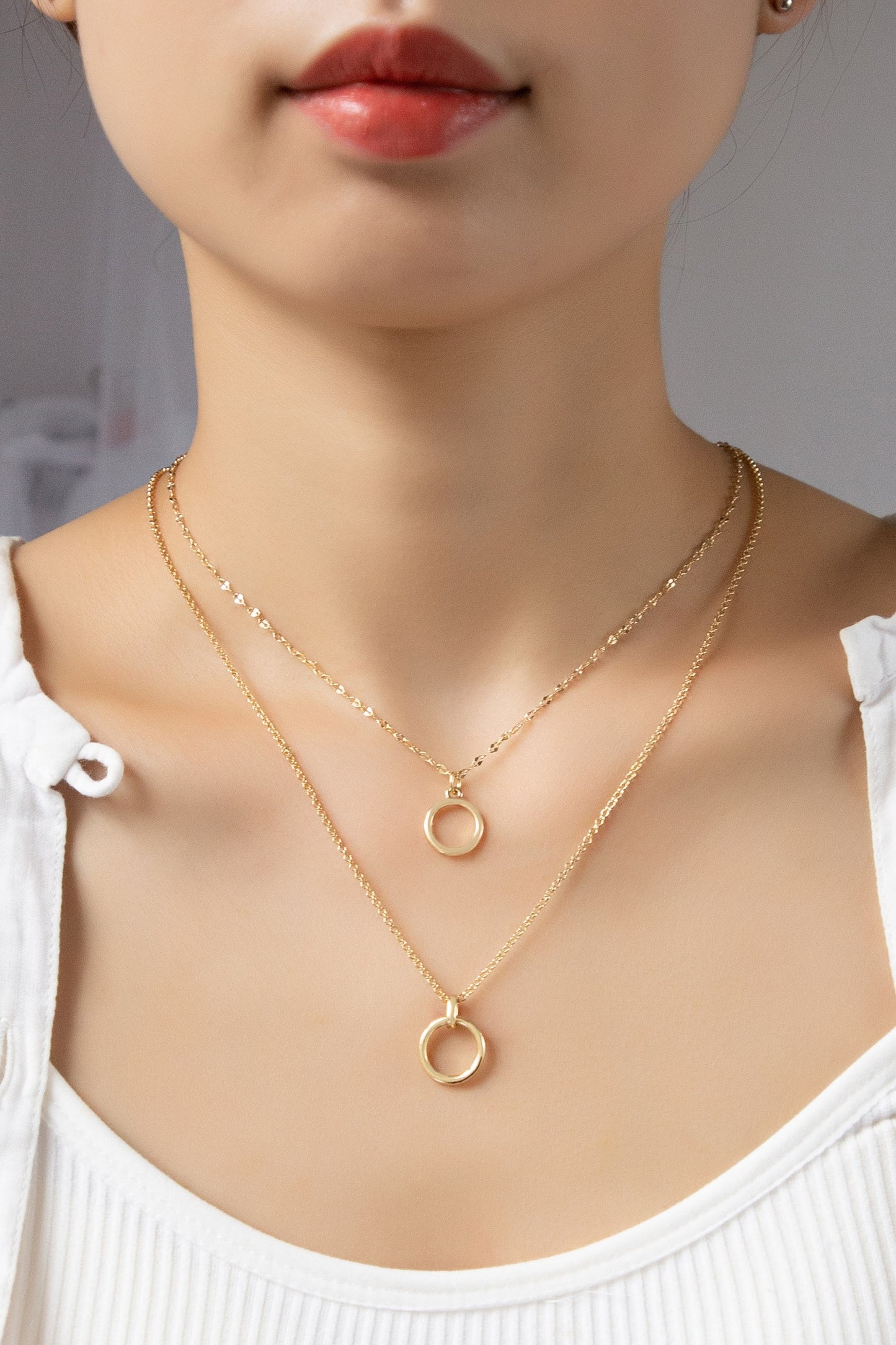 Double Layer Mixed Chain and Circle Pendant Necklace