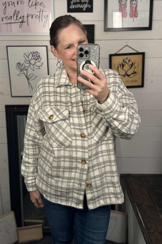Carly Plaid Fleece Shacket - Gray