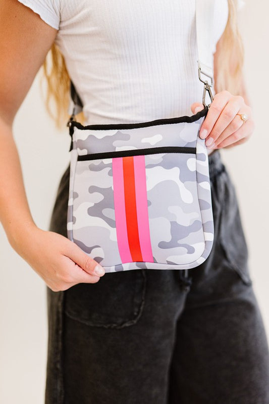 Katy Neoprene Crossbody Bag - Silver Camo + Pink + Red