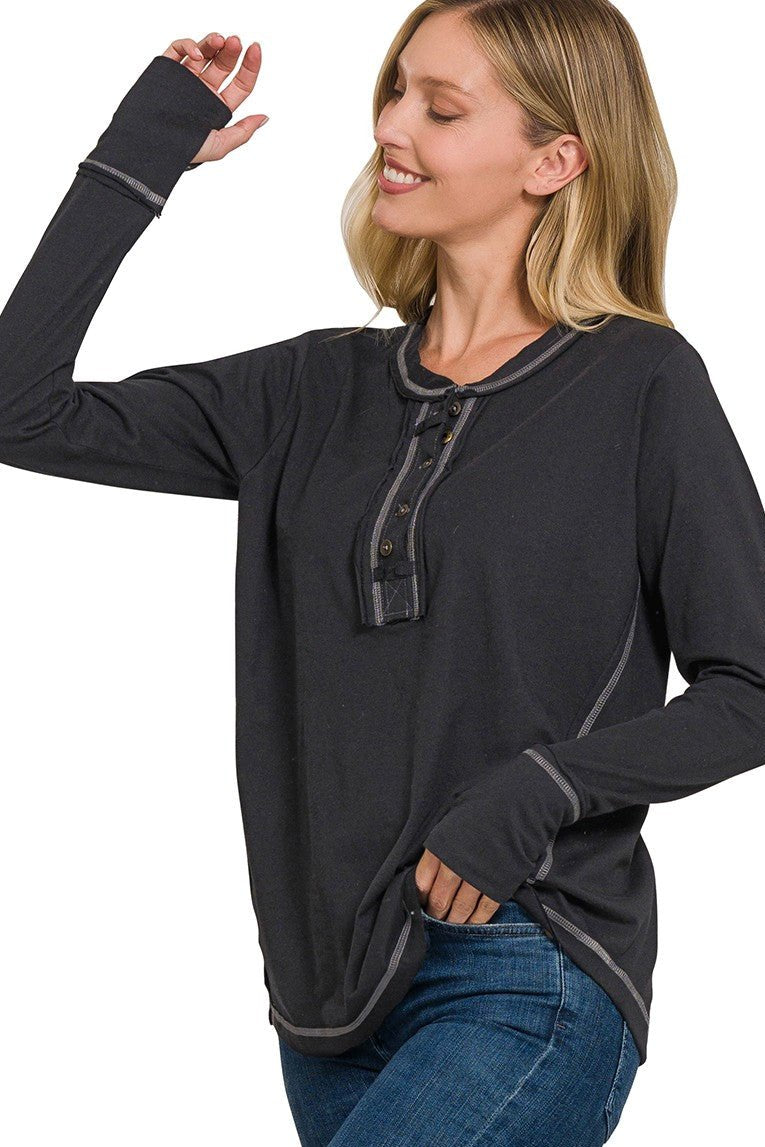 Thumbhole Henley Top - Black