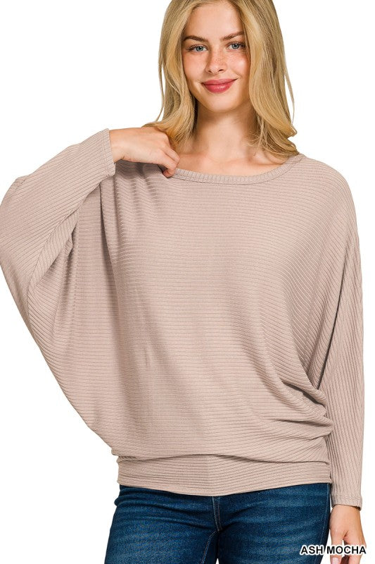 Suzanne Dolman Sleeve Ribbed Sweater - Ash Mocha