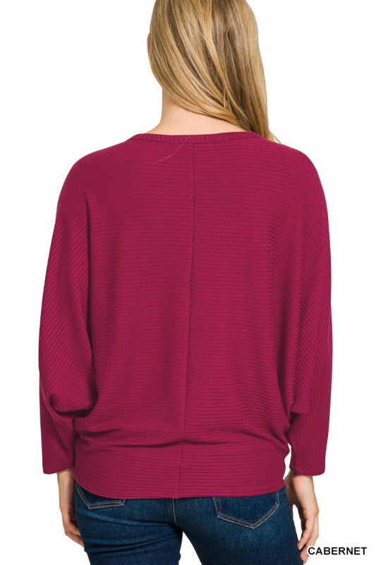 Suzanne Dolman Sleeve Ribbed Sweater - Cabernet