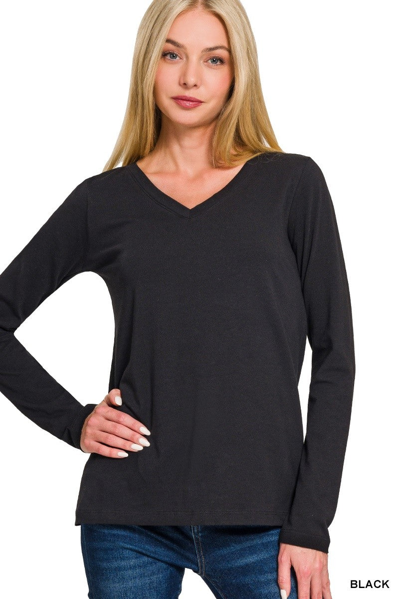 Cotton VNeck Long Sleeve Tshirt - Black