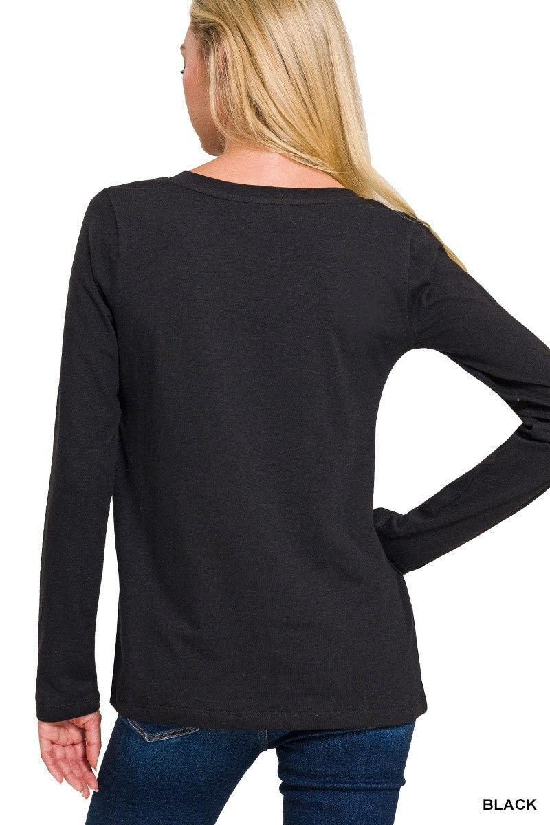 Cotton VNeck Long Sleeve Tshirt - Black