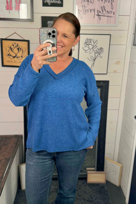 Ashlyn Ribbed VNeck Top - Royal Blue