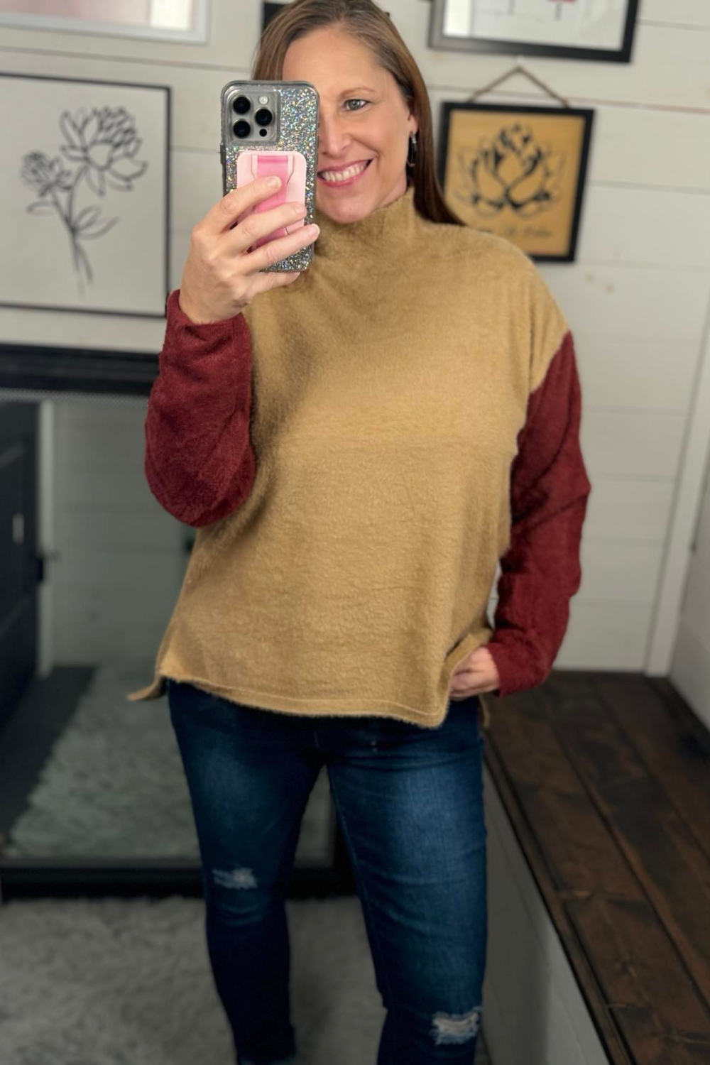 Collette Colorblock Fuzzy Mockneck Sweater