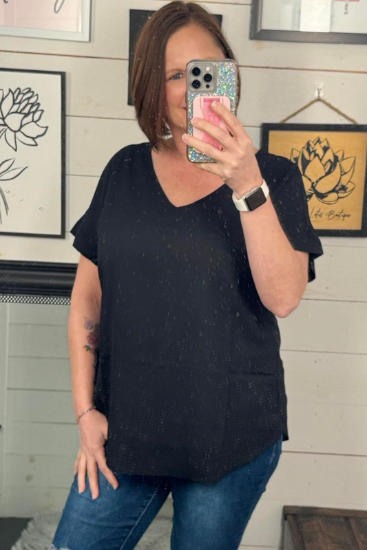 Lucy Dobby Rolled Sleeve VNeck Top - Black