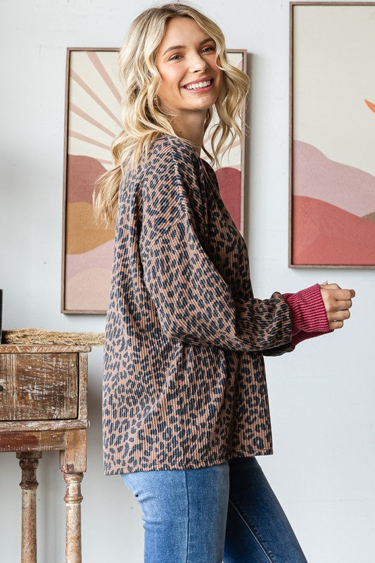 Amber Ribbed Leopard Henley