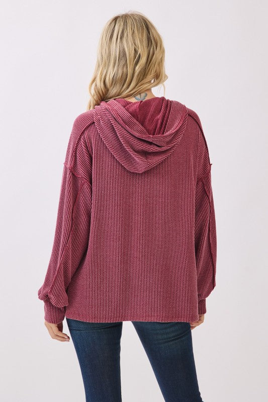 Devin Ribbed Hooded Top - Burgundy