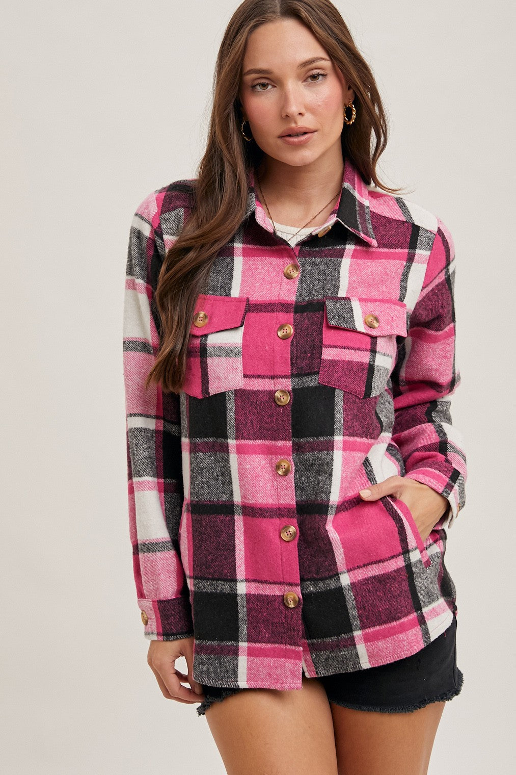 Flannel Plaid Shacket - Pink