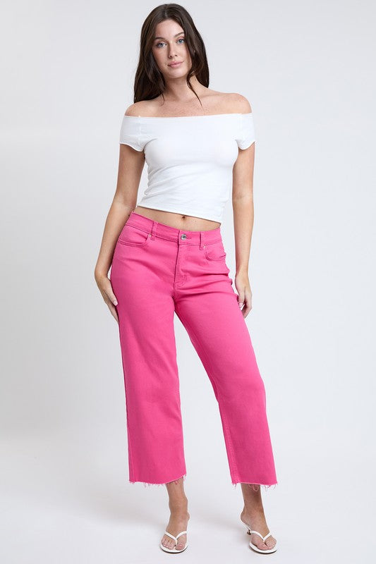 Lesli Cropped Wide Leg Jeans - Pink
