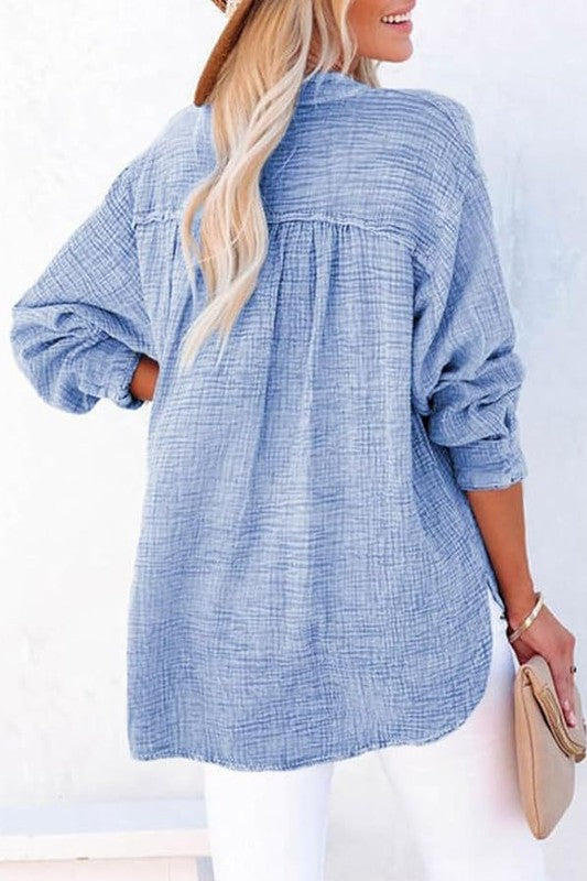 Lizzie Button Up VNeck Top - Blue