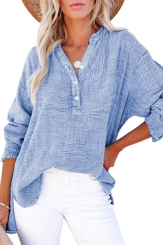 Lizzie Button Up VNeck Top - Blue