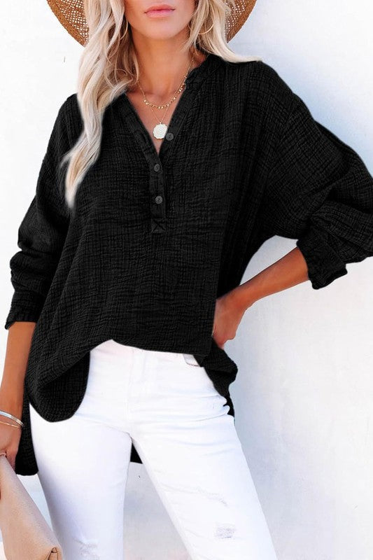 Lizzie Button Up VNeck Top - Black