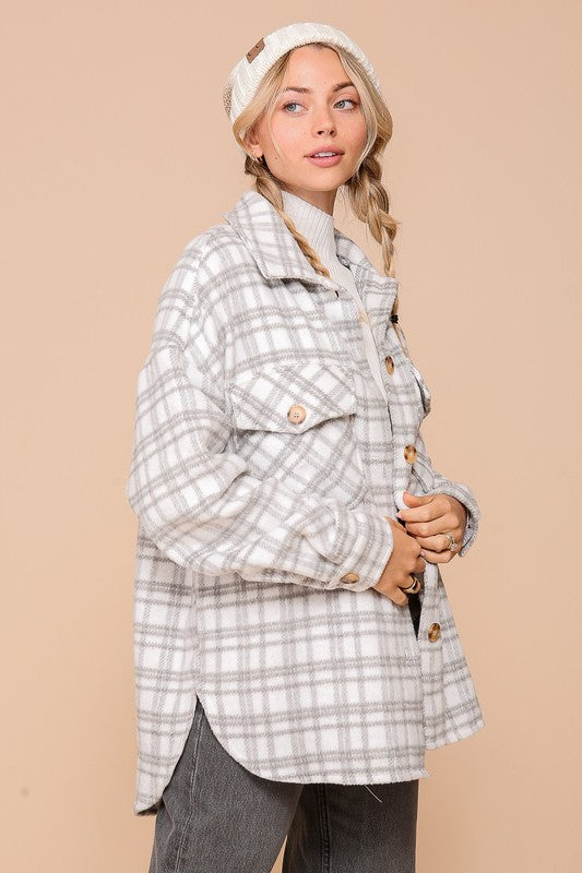 Carly Plaid Fleece Shacket - Gray