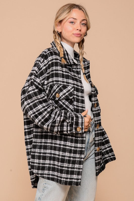 Carly Plaid Fleece Shacket - Black