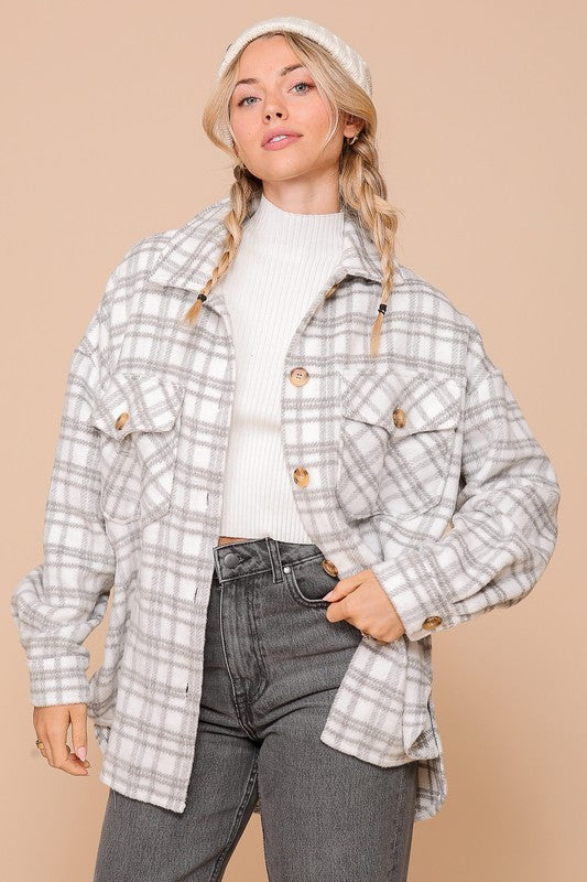 Carly Plaid Fleece Shacket - Gray