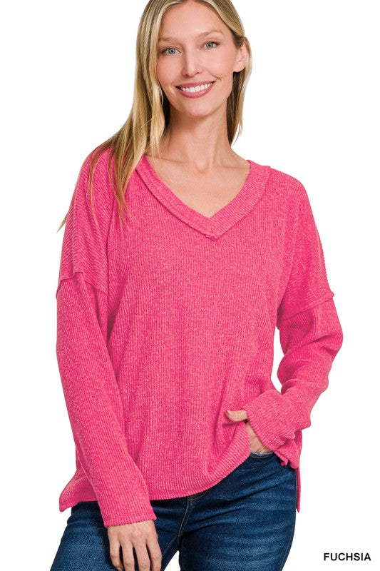 Ashlyn Ribbed VNeck Top - Fuchsia