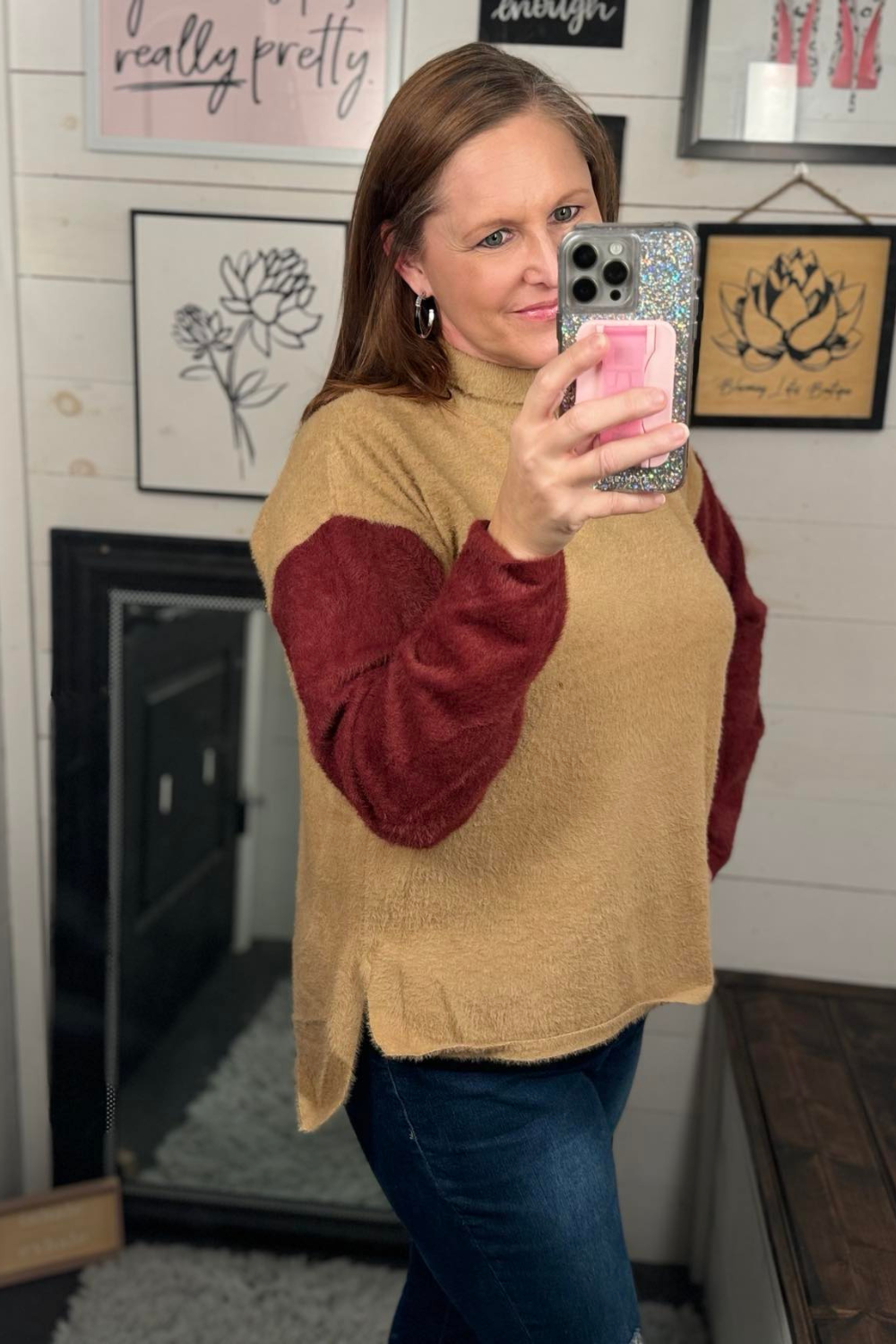 Collette Colorblock Fuzzy Mockneck Sweater