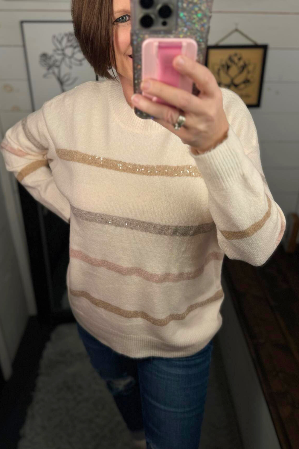 Striped Sweater with Neutral Sequin Detals