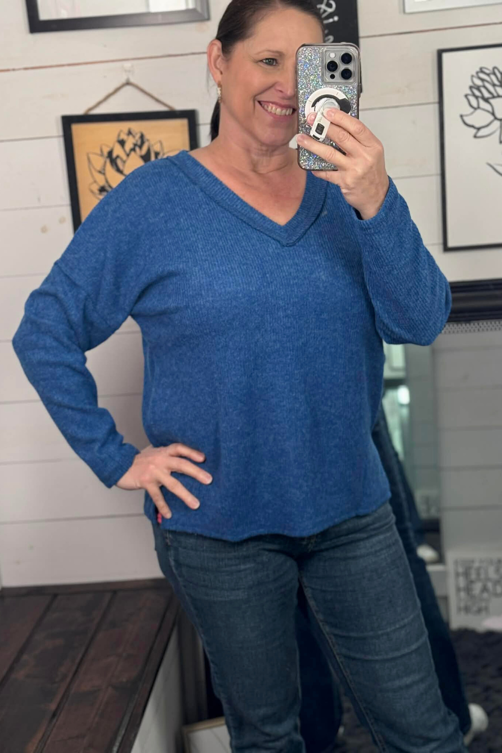 Ashlyn Ribbed VNeck Top - Royal Blue