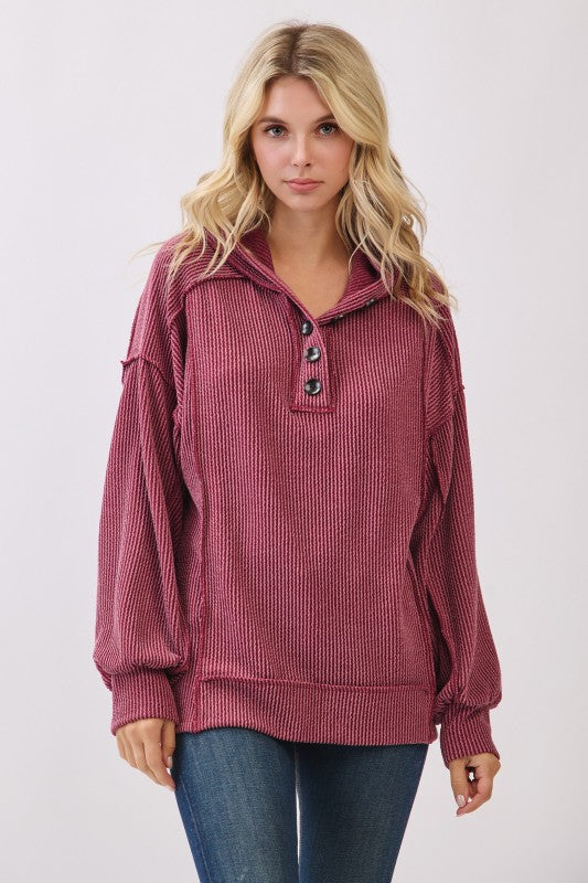 Devin Ribbed Hooded Top - Burgundy