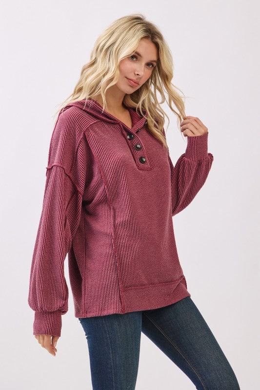 Devin Ribbed Hooded Top - Burgundy