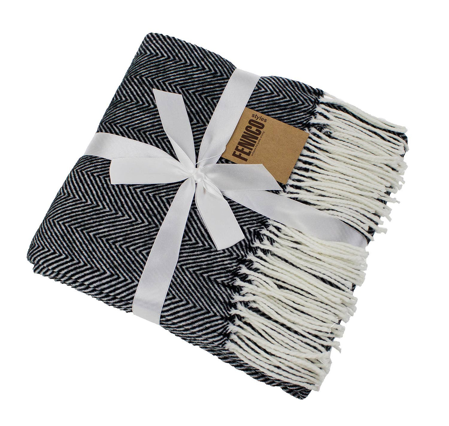 Black Herringbone Fringed 50x60 Inch Throw Blanket