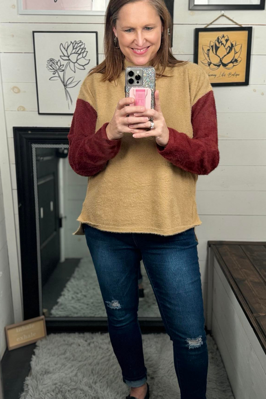 Collette Colorblock Fuzzy Mockneck Sweater