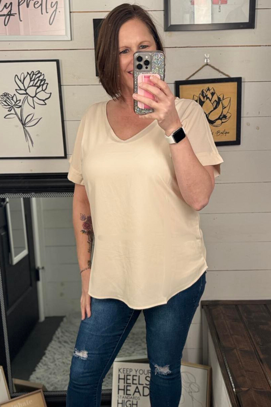 Lucy Dobby Rolled Sleeve VNeck Top - Taupe