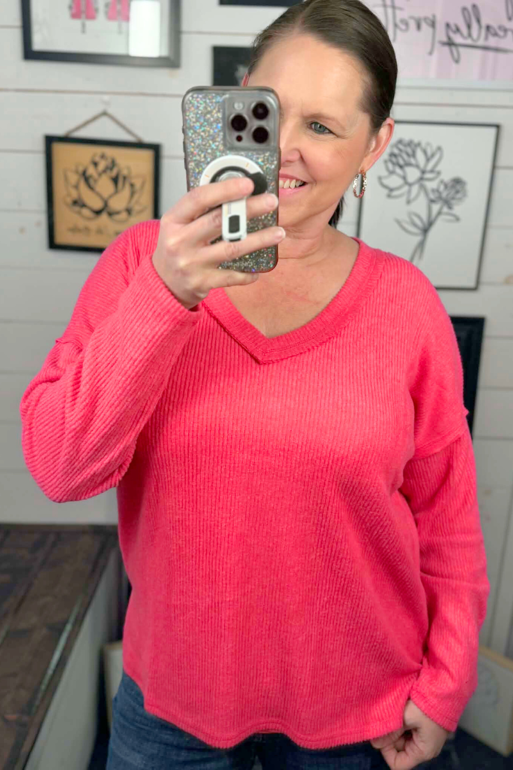 Ashlyn Ribbed VNeck Top - Fuchsia