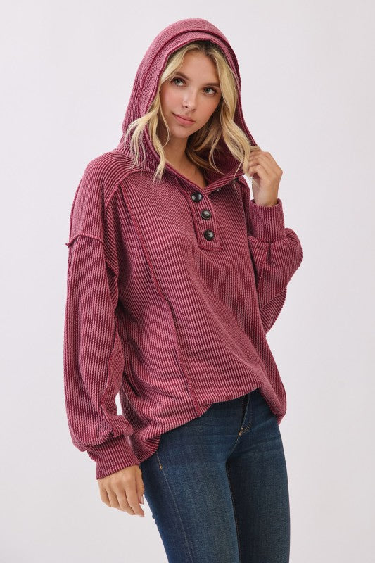 Devin Ribbed Hooded Top - Burgundy