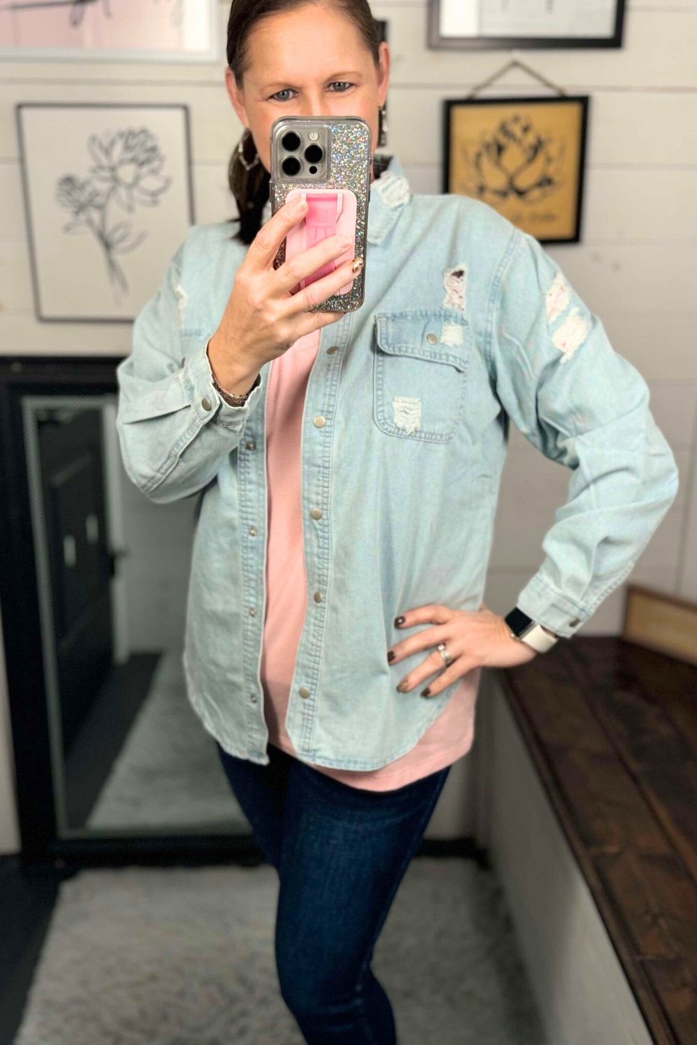 Delaney Distressed Denim Shacket - Blue Denim