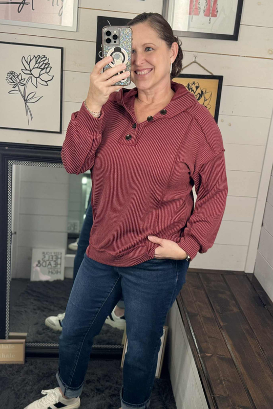 Devin Ribbed Hooded Top - Burgundy