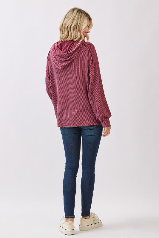 Devin Ribbed Hooded Top - Burgundy