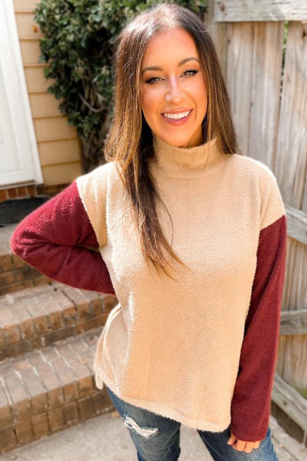 Collette Colorblock Fuzzy Mockneck Sweater